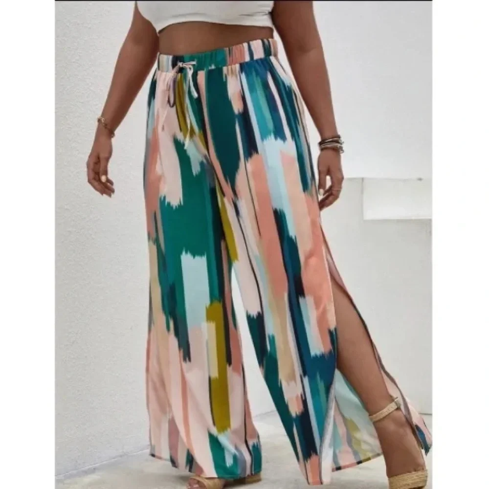 Boho plus size print side slit wide leg palazzo pants - Picture 3 of 5